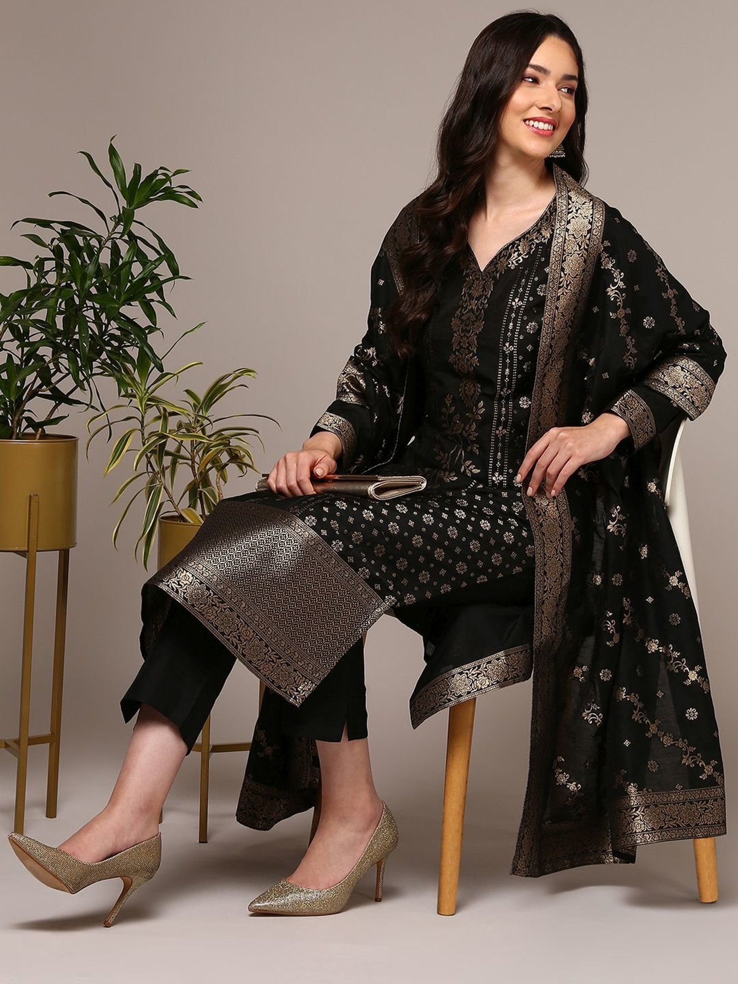 Vaamsi Black Woven Pattern Kurta Pant Set With Dupatta