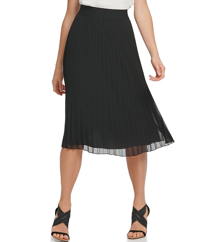 DKNY Chiffon Pleated Pull-On A-Line Midi Skirt