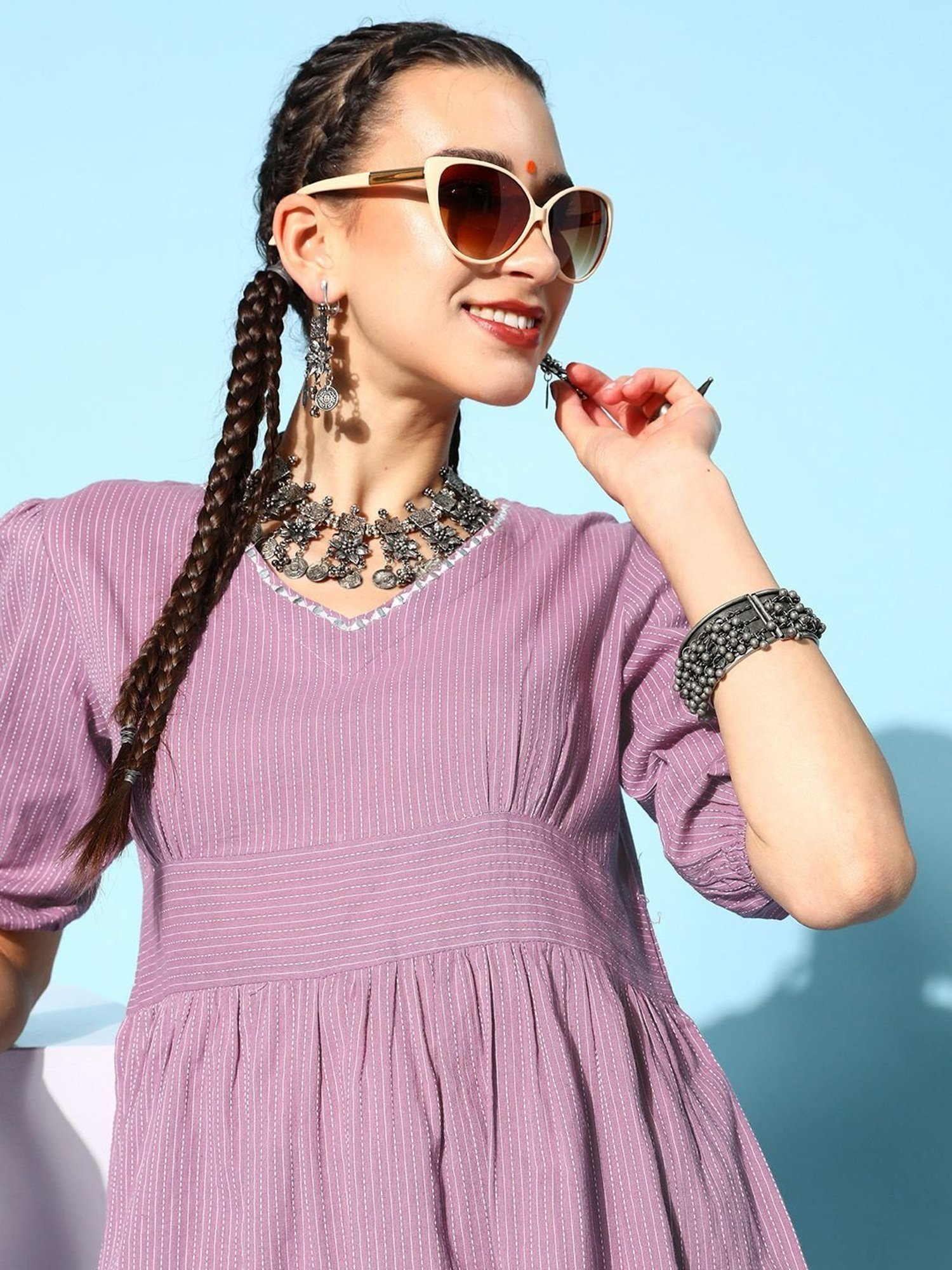 Stylum Lilac Cotton Striped Tunic Pant Set