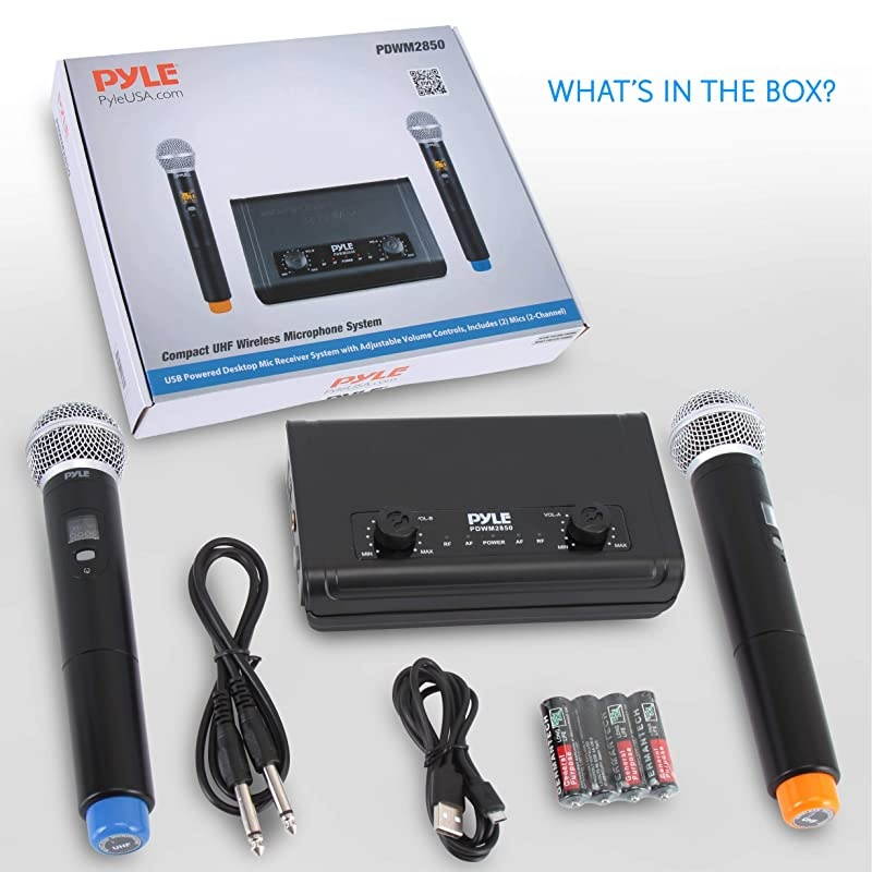 Compact UHF Wireless Microphone System Pro Portable Dual Channel Desktop Digital Mic Receiver Set w 2 Handheld Mic Receiver Base USB Cable Battery For Home PA Karaoke DJ  PDWM2850