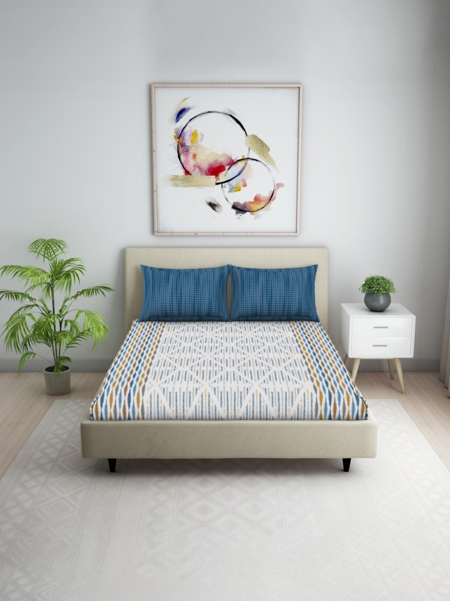 Welspun Blue 144 TC Cotton Queen Bed Sheet with 2 Pillow Covers