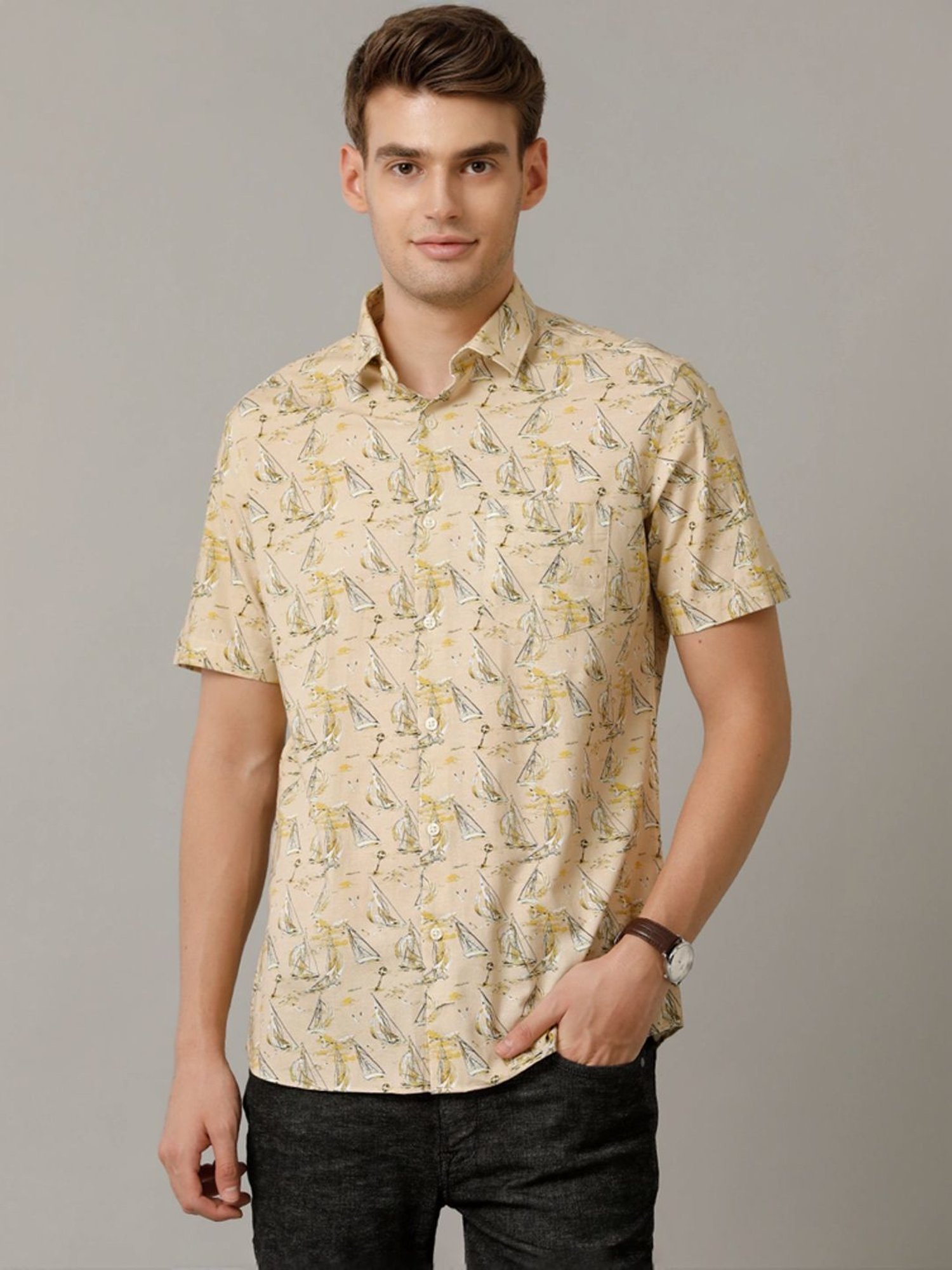 Cavallo By Linen Club Yellow Linen Contemporary Fit Printed Shirt