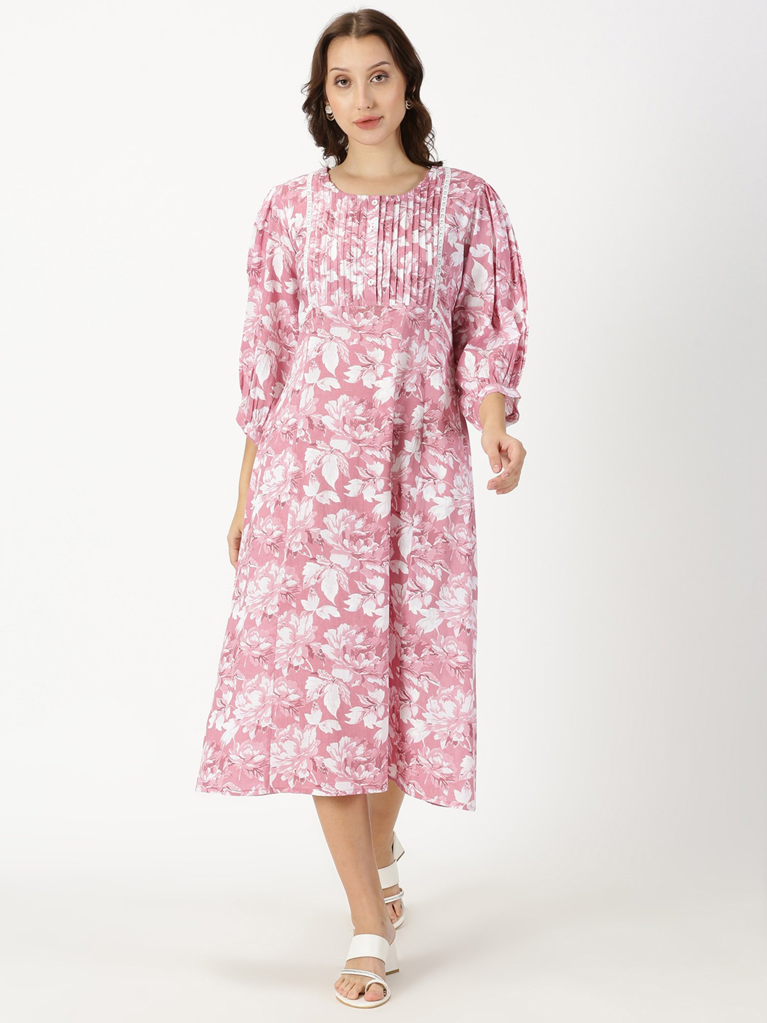 Saffron Threads Pink Floral Cotton Print Ethnic Dress