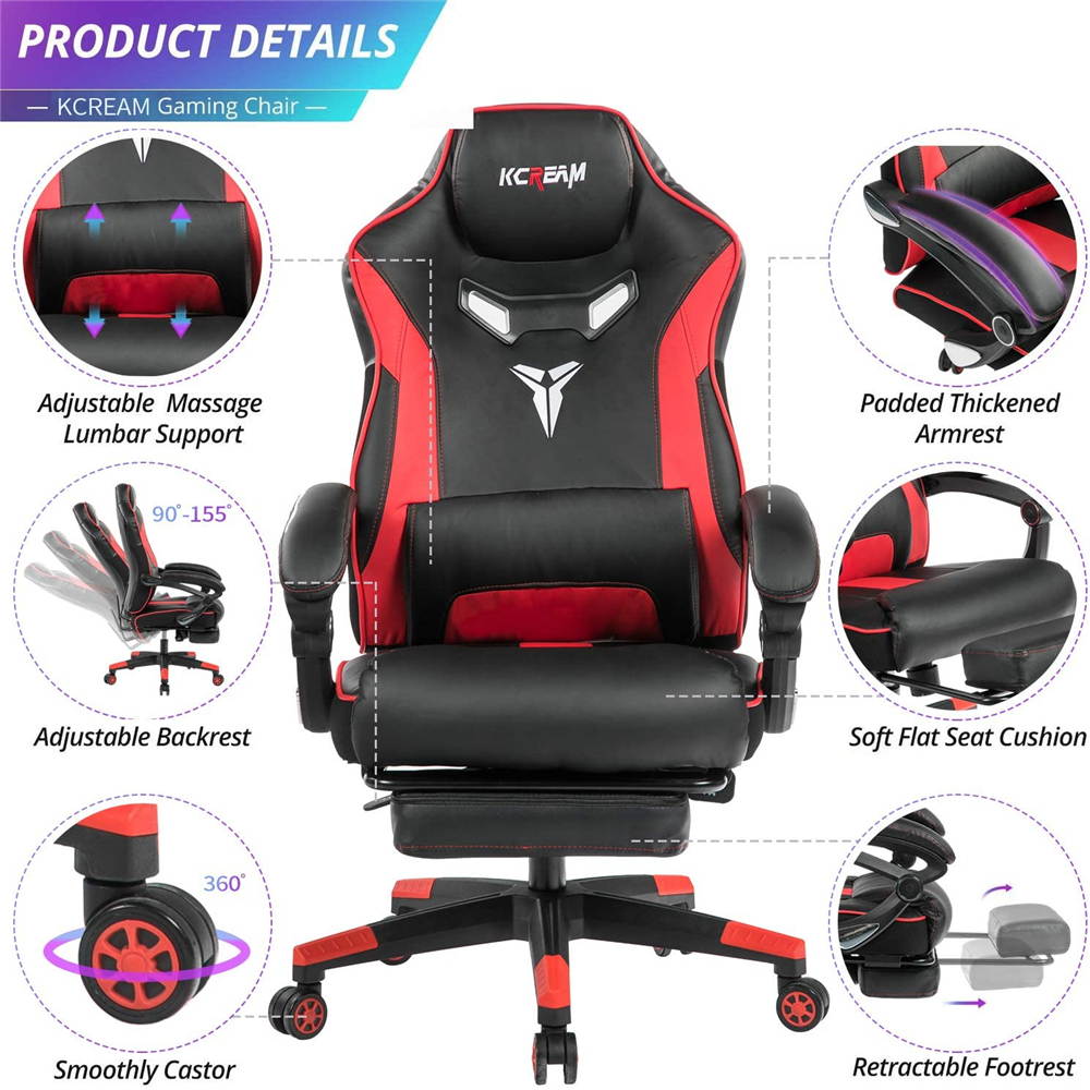 KCREAM Racing Style PC Gamer Chair Large Size Ergonomic Computer Chair with Build-in Lumbar Support Footrest and Adjustable Recliner High Back PU Leather Gaming Chair for Adult