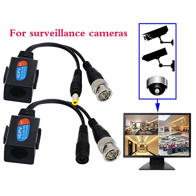 Balun HD Cat5 RJ45 to BNC Video Baluns transceiver Passive with Power Connector for 720P 1080P 3MP 4MP 5MP 8MP HD-CVI/TVI/AHD/CVBS/960H Camera(2 Pairs)