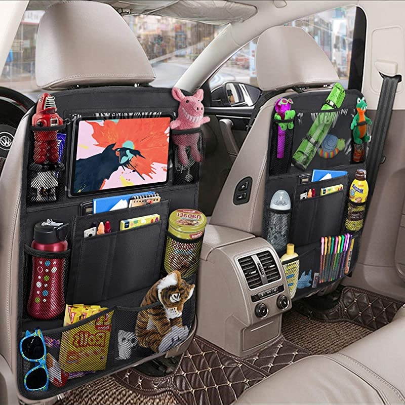 Car Backseat Organizer with 10 Table Holder 9 Storage Pockets Seat Back Protectors Kick Mats for Kids Toddlers Travel Accessories Black 2 Pack