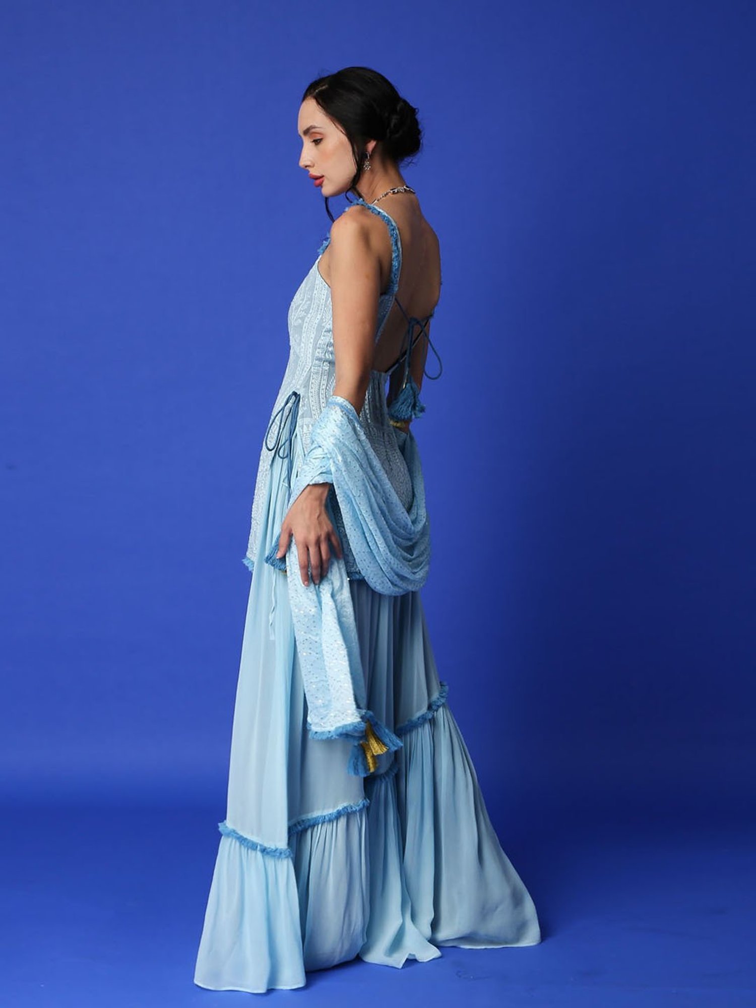 Monk and Mei Sharmila Chikanakari Kurta- Ice Blue