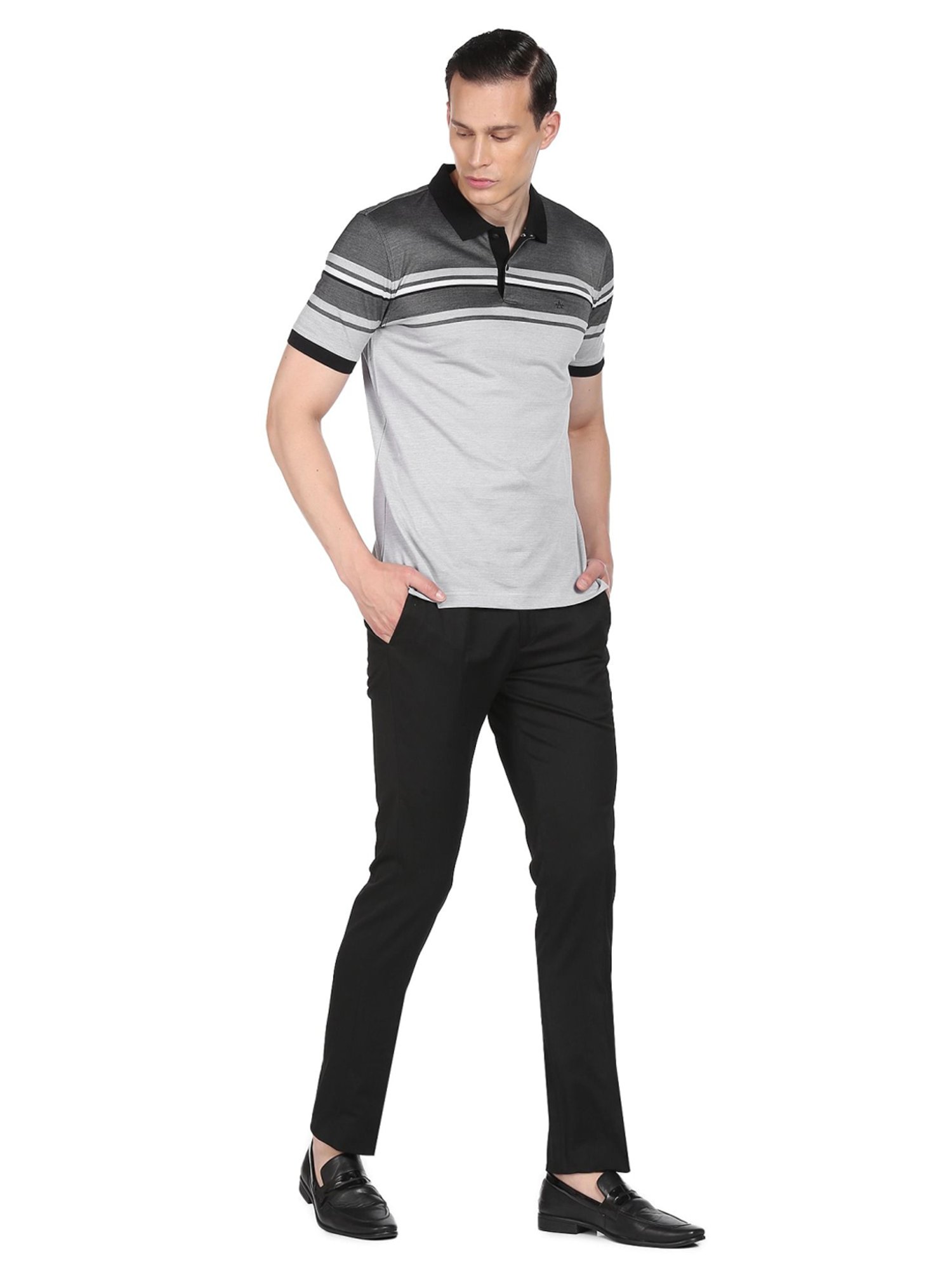 Arrow Grey Cotton Regular Fit Striped Polo T-Shirt