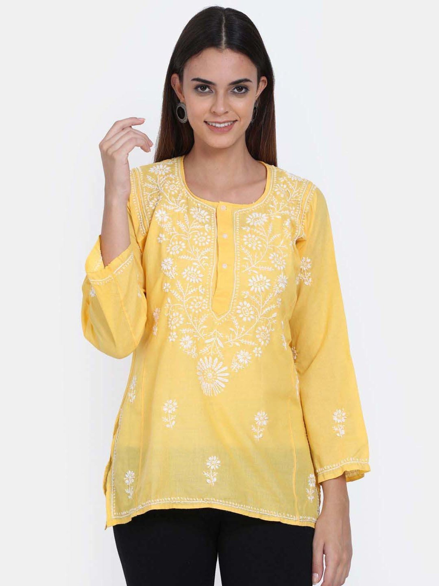 PARAMOUNT CHIKAN Yellow Cotton Chikankari Straight Kurti