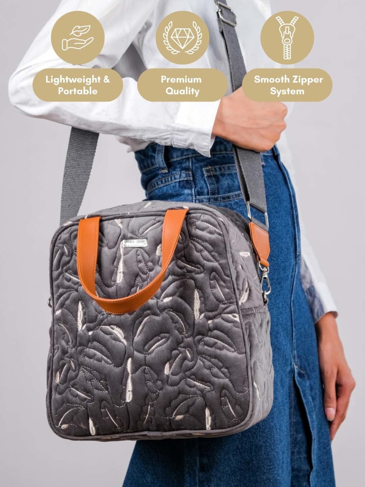 Nestasia High-Quality Insulated Velvet Grey Lunch Bag With Adjustable Shoulder Strap & Handles