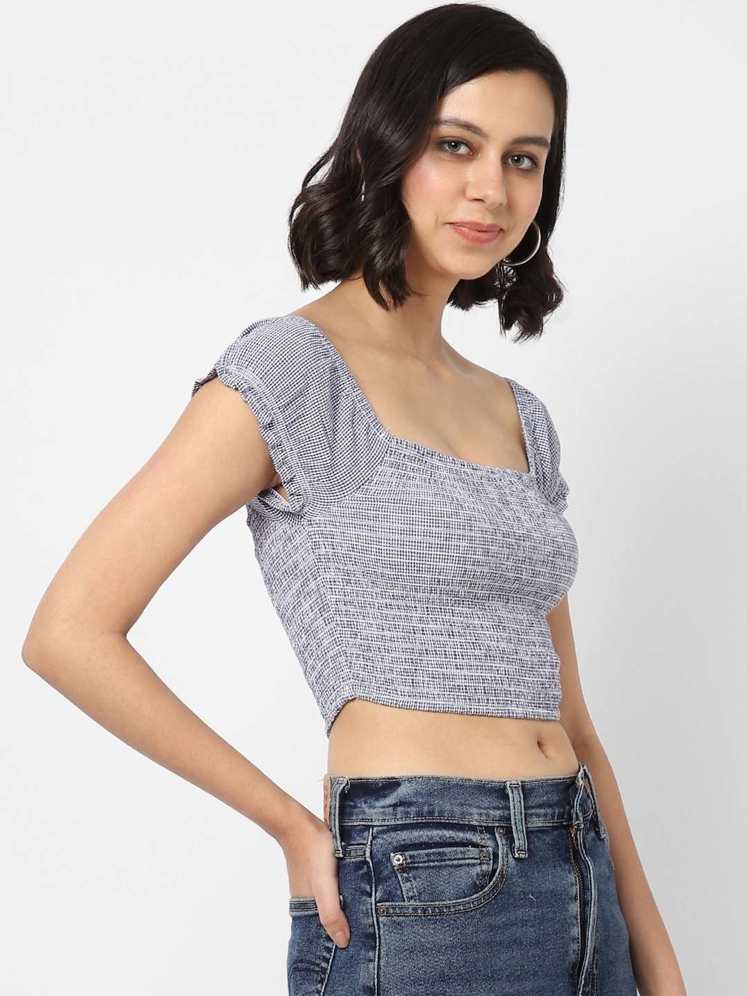 VASTRADO Blue Cotton Chequered Crop Top
