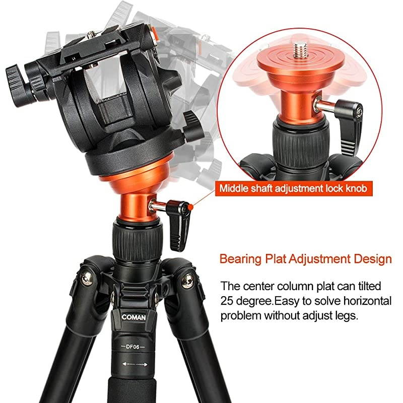 Fluid Head Tripod,  Video Camera Tripod Monopod Aluminium Alloy 70.8 inch for Canon Nikon Sony DSLR Camera