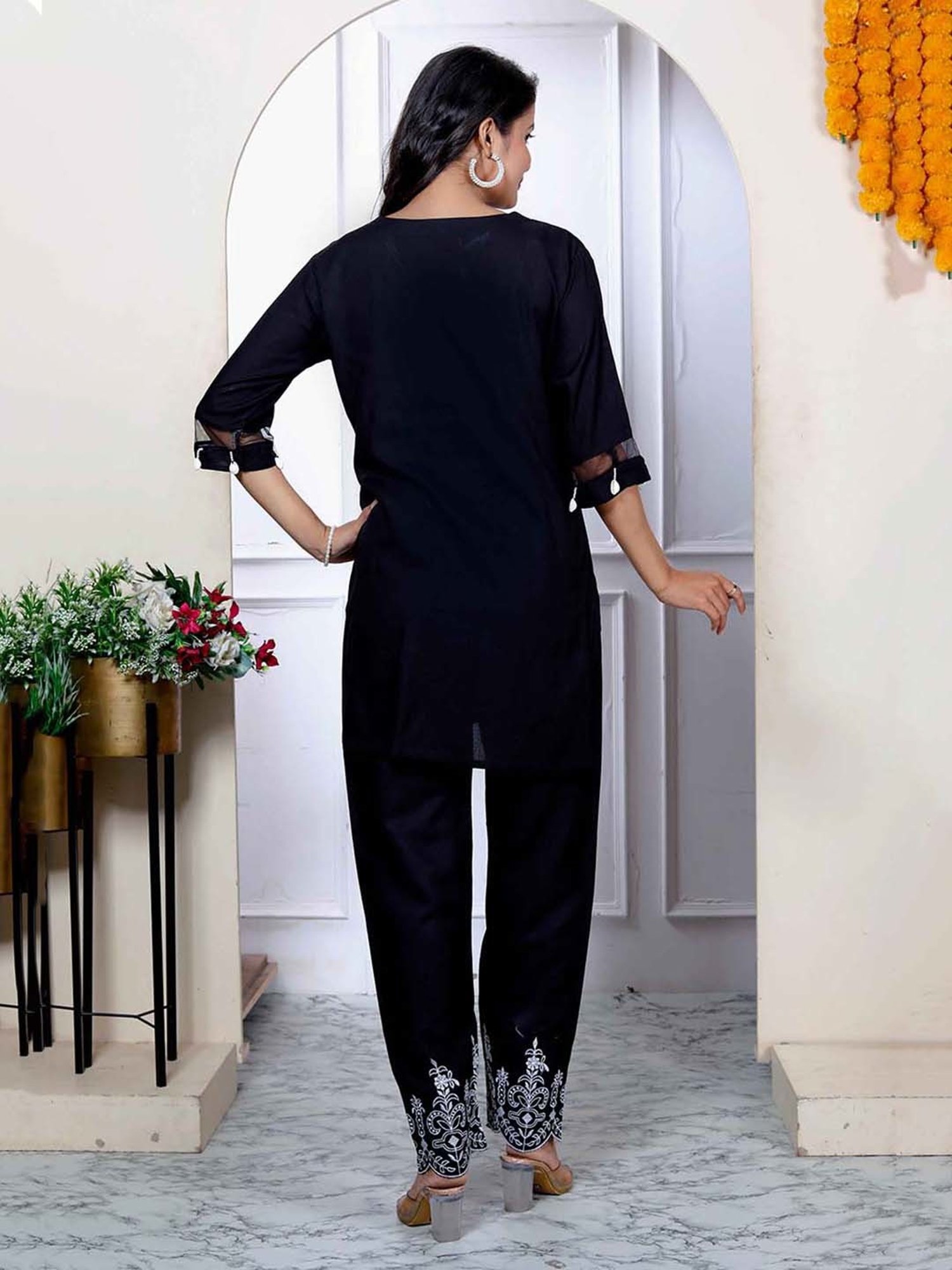 Miravan Black Embellished Kurta & Palazzo Set