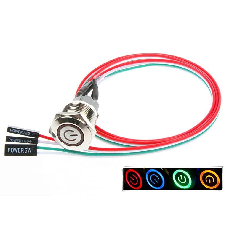 16mm Chassis Switch Metal Button Switch with 22inchs Extension Cable Red Yellow Blue Green Switch Symbol Suitable for Computer DIY Switch 16mm Blue Symbol