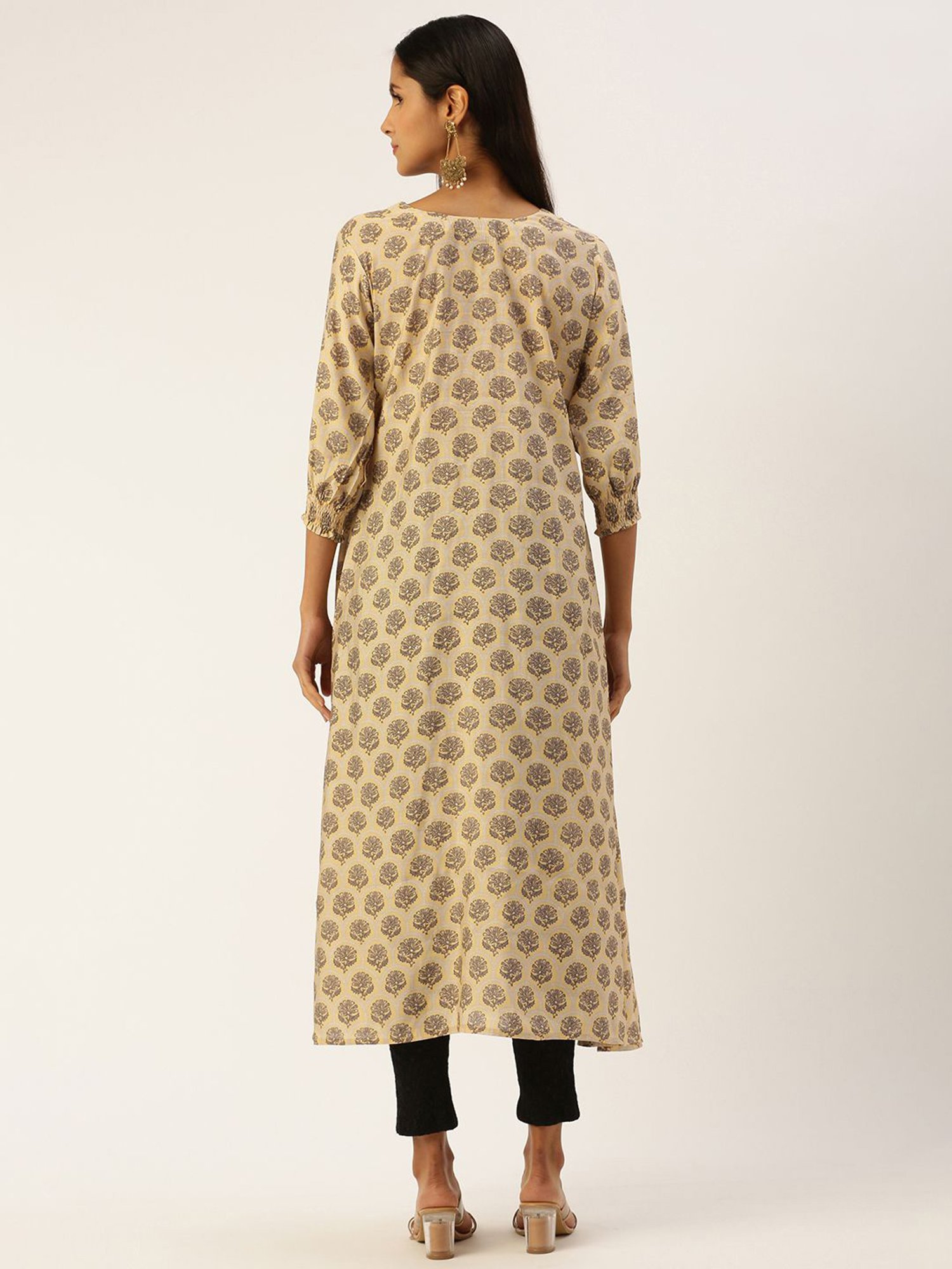 SHANVIKA Beige Printed Cotton Silk A Line Kurta