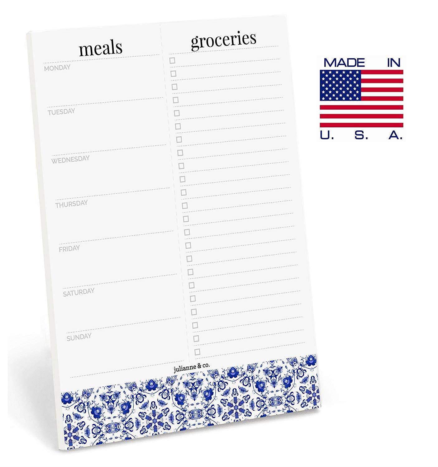 Weekly Meal Planner Notepad By Julianne & Co. - Food Planning Organizer And Grocery List Pad, 52 Premium A5 Pages, with Tear Away Perforated Shopping List (Blue China Print - NO Fridge Magnet)