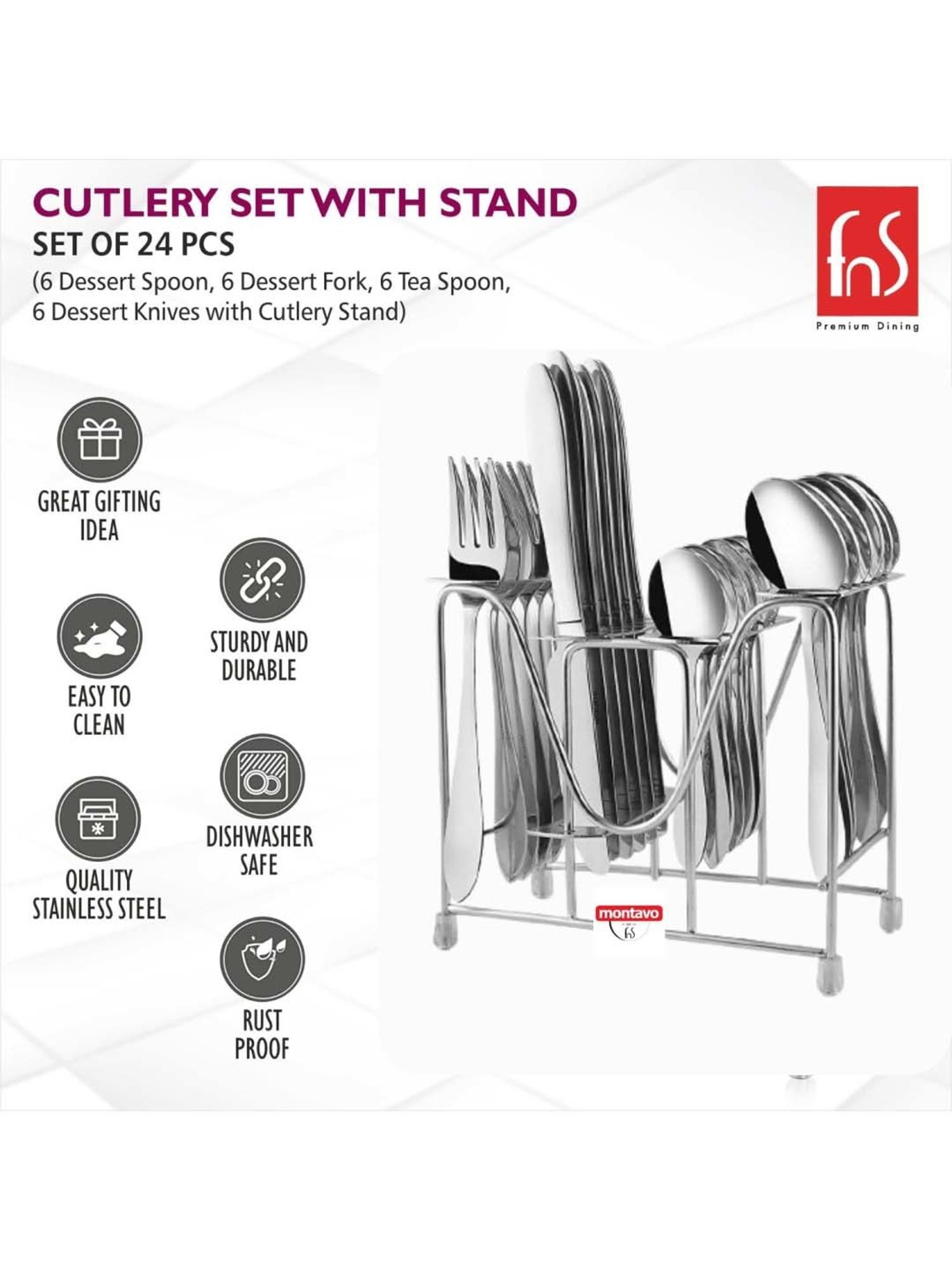 FnS Orchid Silver Stainless Steel Cutlery - Set of 24