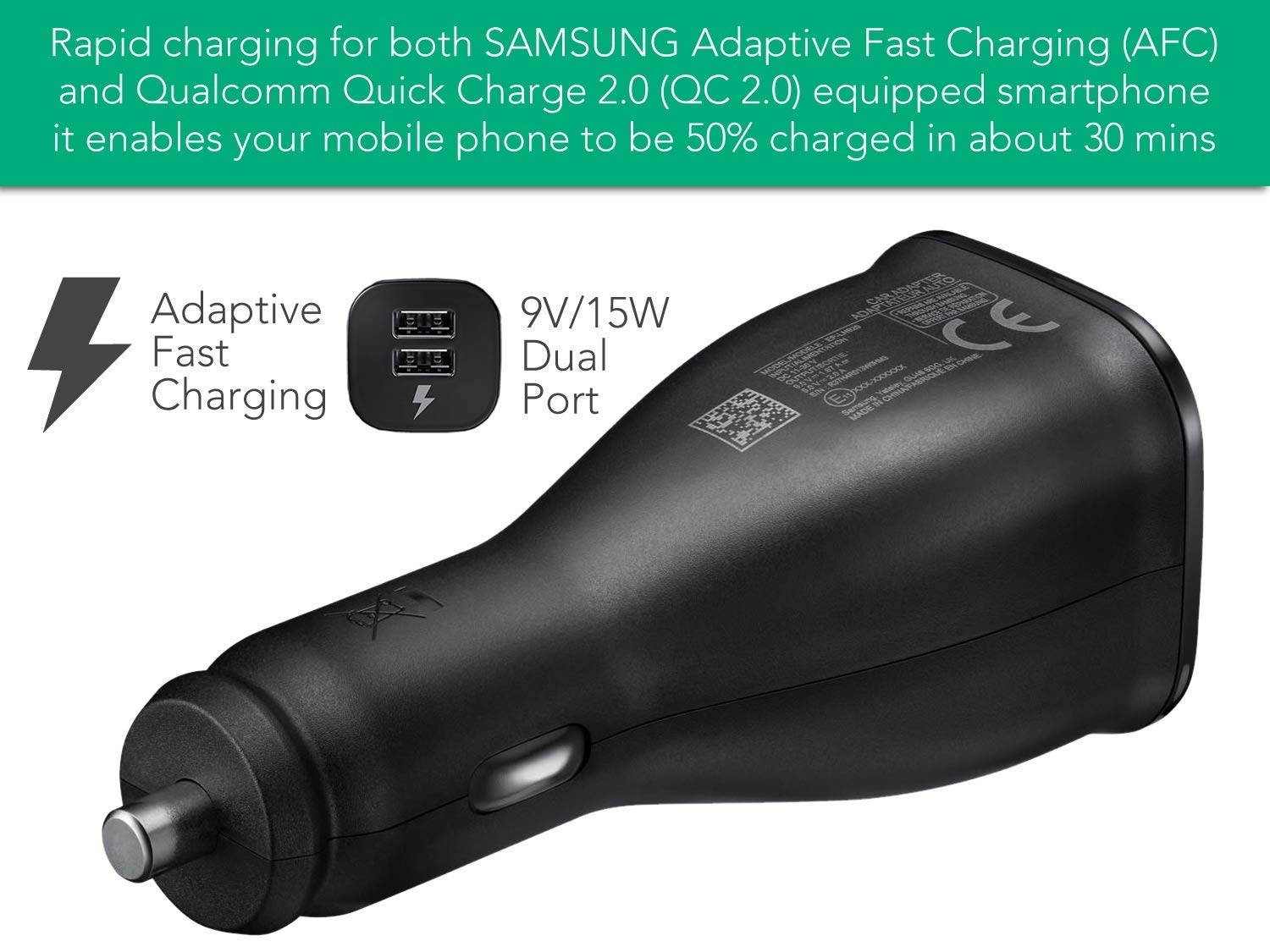 Cellvare Dual Port Fast Car charger for Samsung Galaxy S9, S8, S7, S6 & Note 8 With Type C and Micro USB Cable - Black