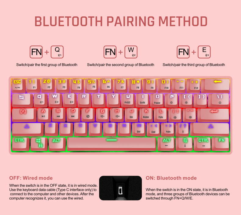 CUUWE K28 Wireless Bluetooth 61-Key Dual-Mode RGB Backlit Waterproof Mechanical Gaming Keyboard - Office Keyboard -Gaming Keyboard