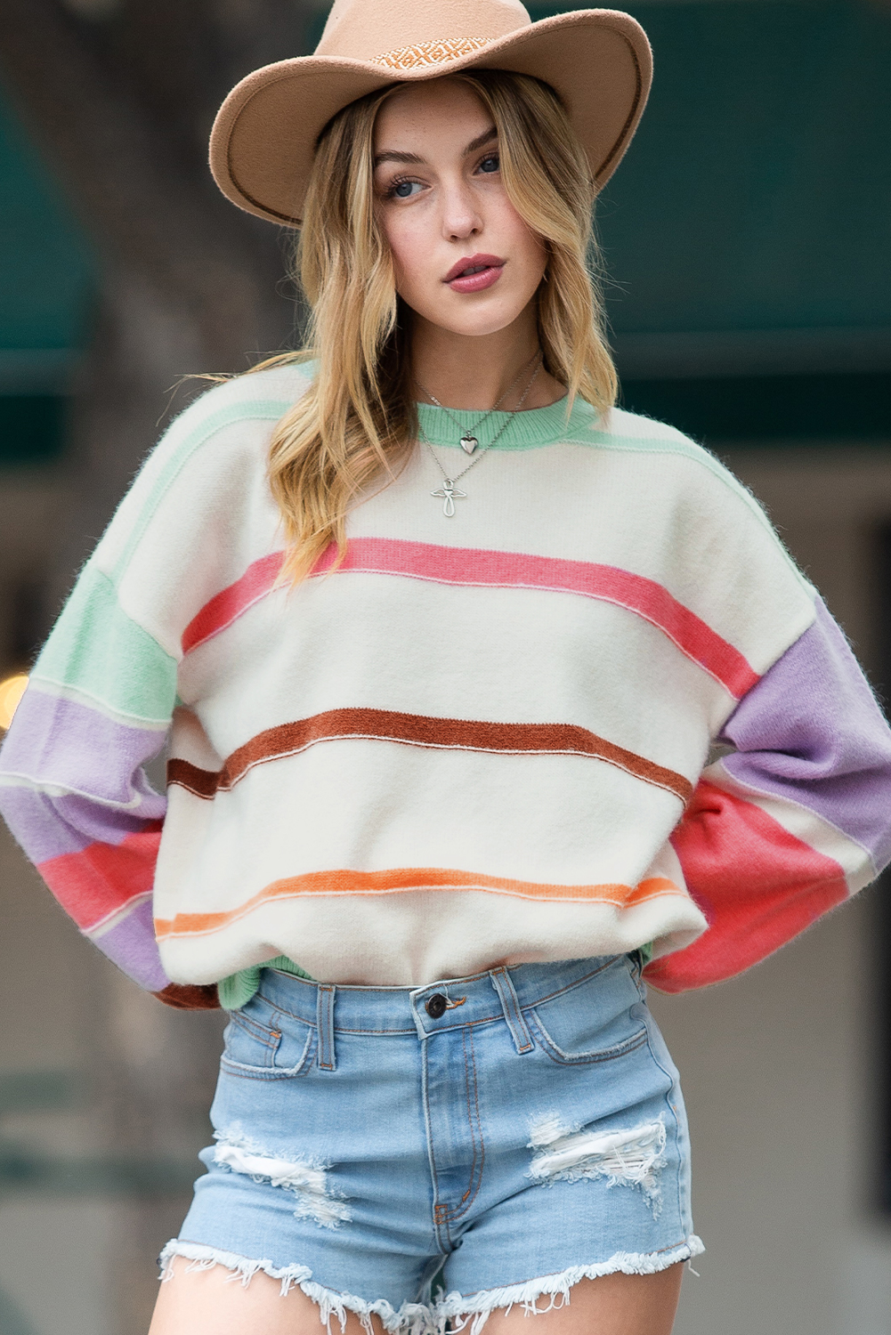Multicolor Striped Print Drop Shoulder Pullover Crew Neck Sweater