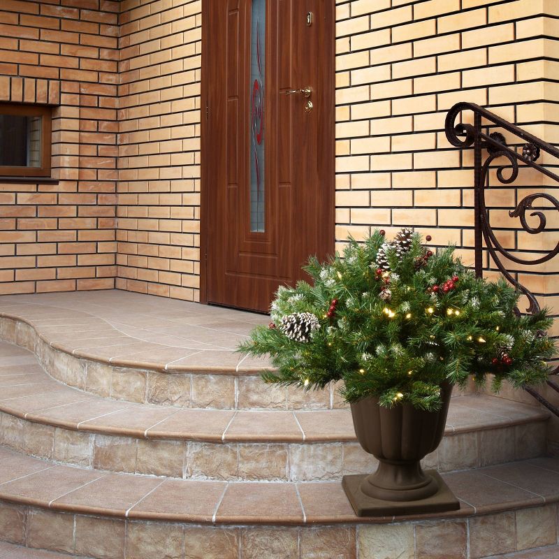 2.5ft National Tree Company Flocked Berry Urn Filler Red Berries Tripod Stake Warm White Battery Op LED Lights with Timer