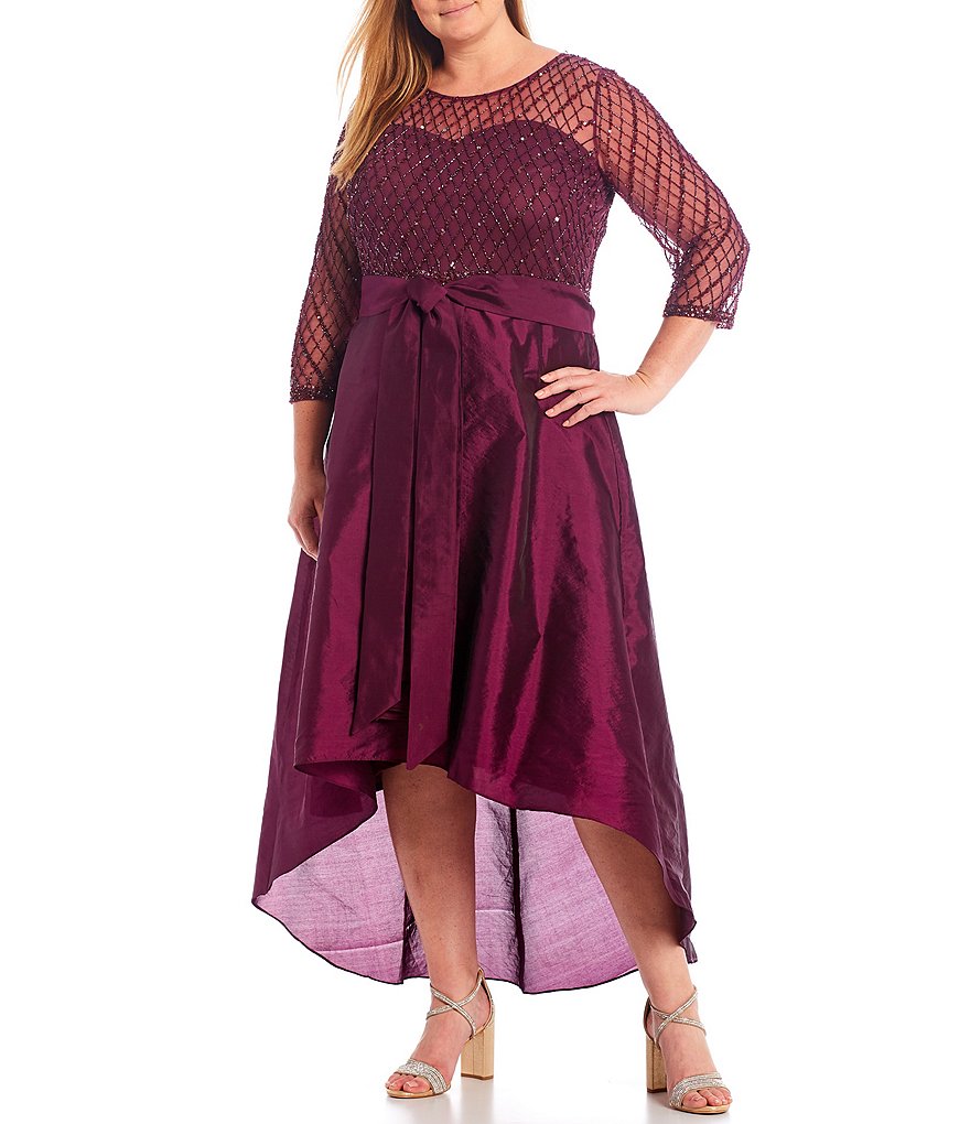 Pisarro Nights Plus Size Beaded 3/4 Sleeve Illusion Boat Neck Dress