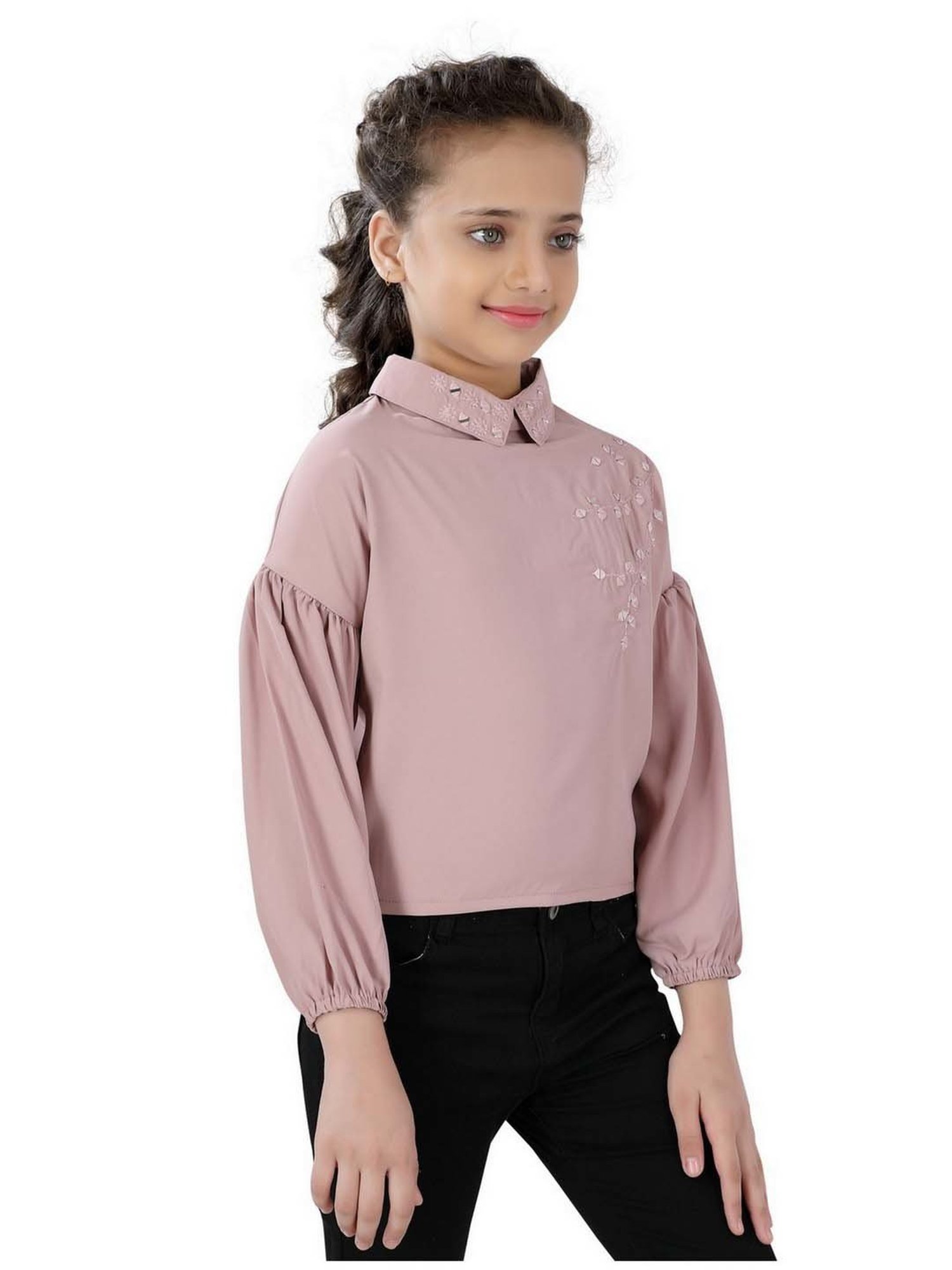 poplins Kids Pink Cotton Embellished Full Sleeves Top
