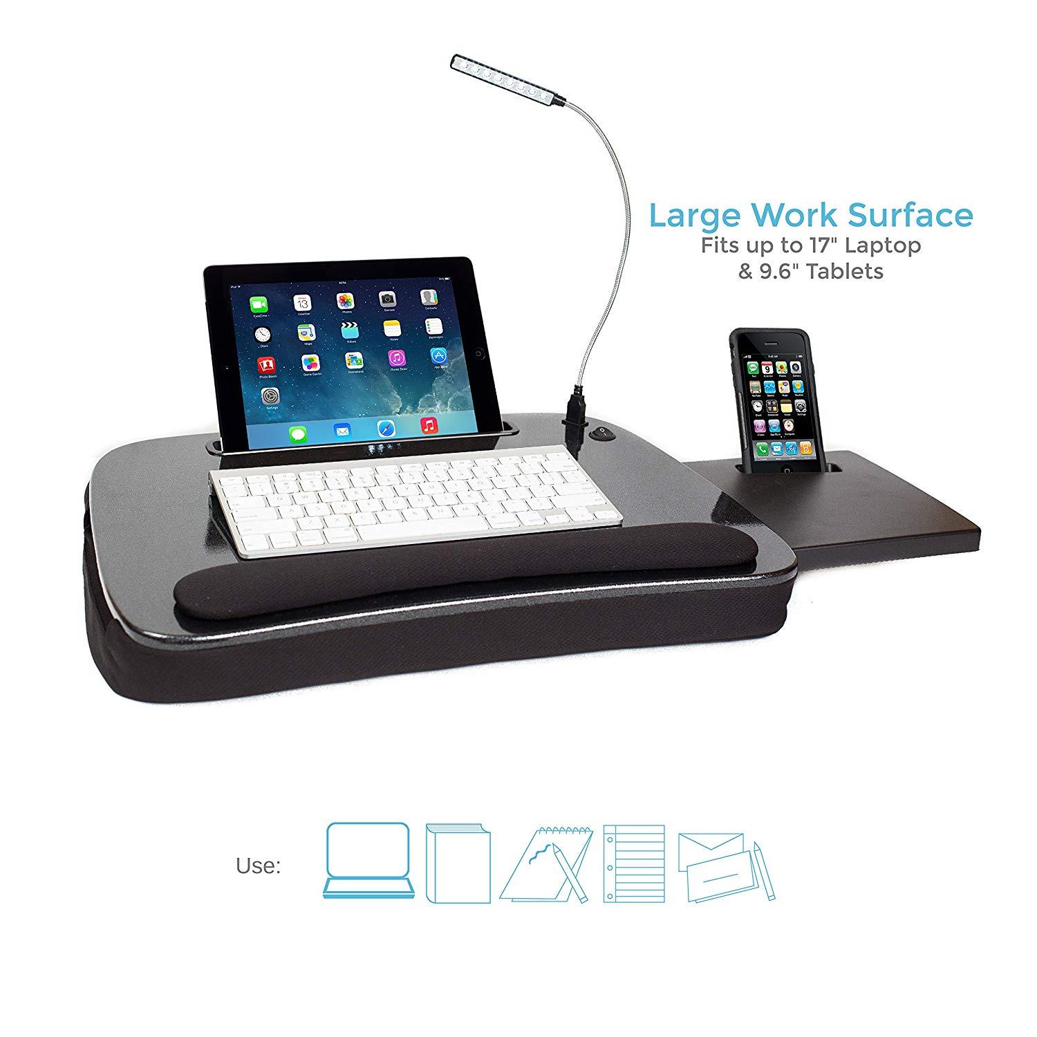 Sofia + Sam Multi Tasking Memory Foam Lap Desk with USB Light (Black Top) | Supports Laptops Up to 15 Inches