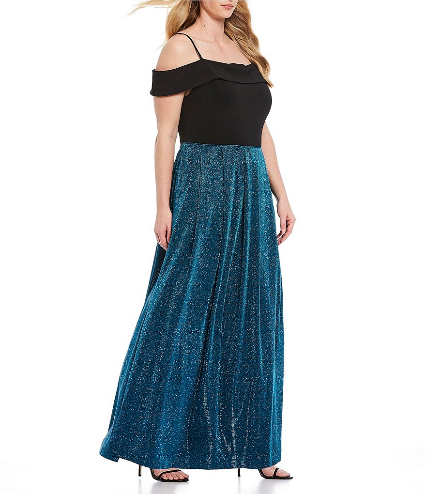 Morgan & Co. Plus Off-the-Shoulder Cap-Sleeve Shimmer Metallic Long Dress