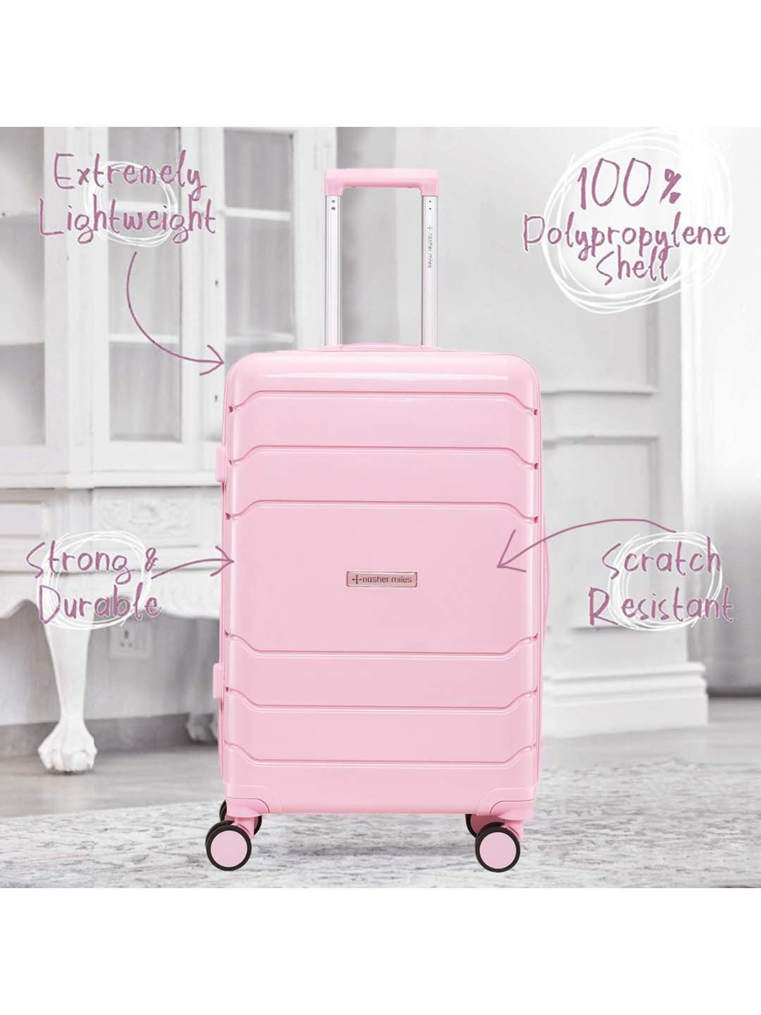 NASHER MILES Lisbon Hard Sided Polypropylene Check-In Luggage Bag Rose Pink 24 Inch|65CM Trolley Bag