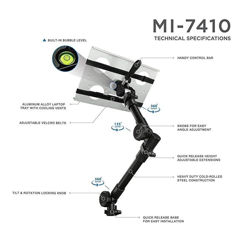 MI-7410 Car Laptop Mount Full Motion, Rotating, Adjustable Height, Under Car Seat Notebook Stand Fits 12 to 15.4 Inch Screen Sizes, 9 Lbs Capacity, Full Motion with Lockable Joints