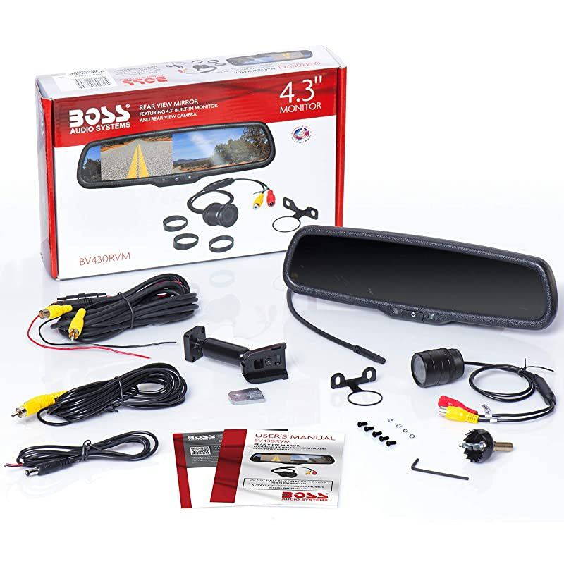 BV430RVM Rearview Car Mirror with 4.3 Inch Built in High Resolution Digital Monitor - Includes Weatherproof Rearview Backup Camera and Brackets