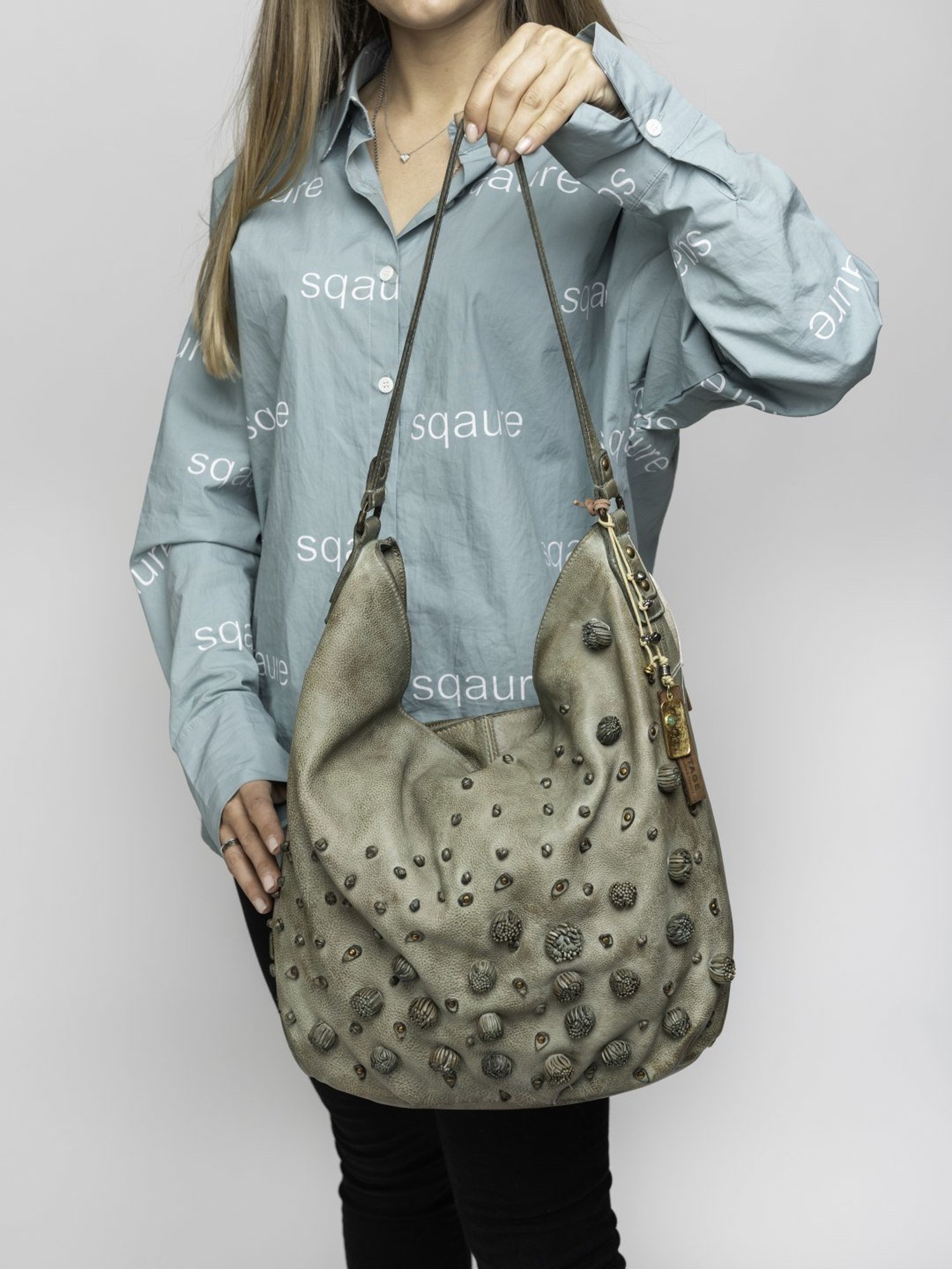 Art N Vintage Garofano Green Leather Textured Medium Hobo Handbag