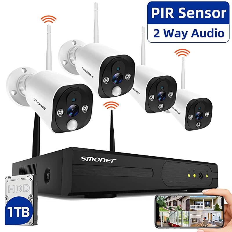 Two-Way Audio?  1080P Wireless Security Camera Systems,2pcs PIR Sensor Floodlight Home Cameras 2pcs Standard IP Camera, 8-Channel WiFi NVR Kits(1TB Hard Drive),Outdoor Indoor Waterproof