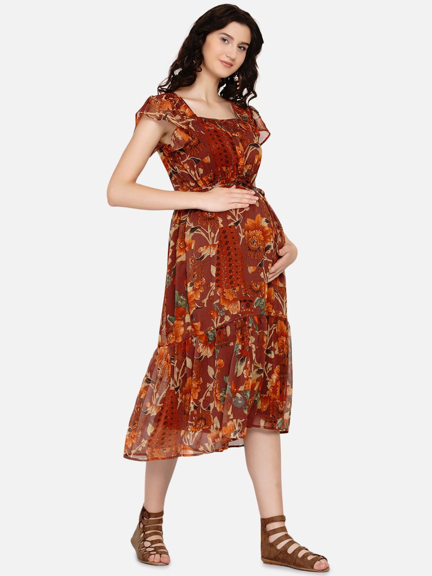 Mine4Nine Brown Floral Print Maternity Dress