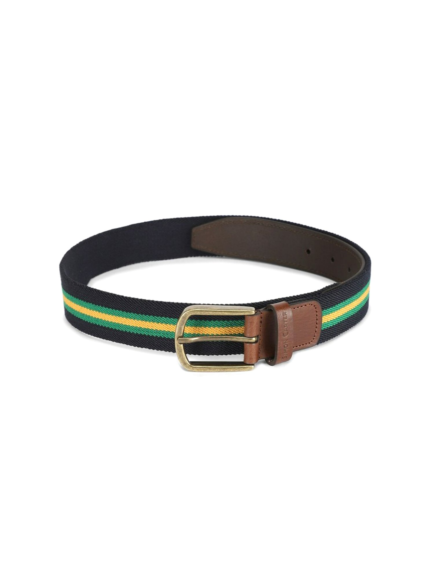 Simon Carter Black Leather Striped Casual Belt for Men