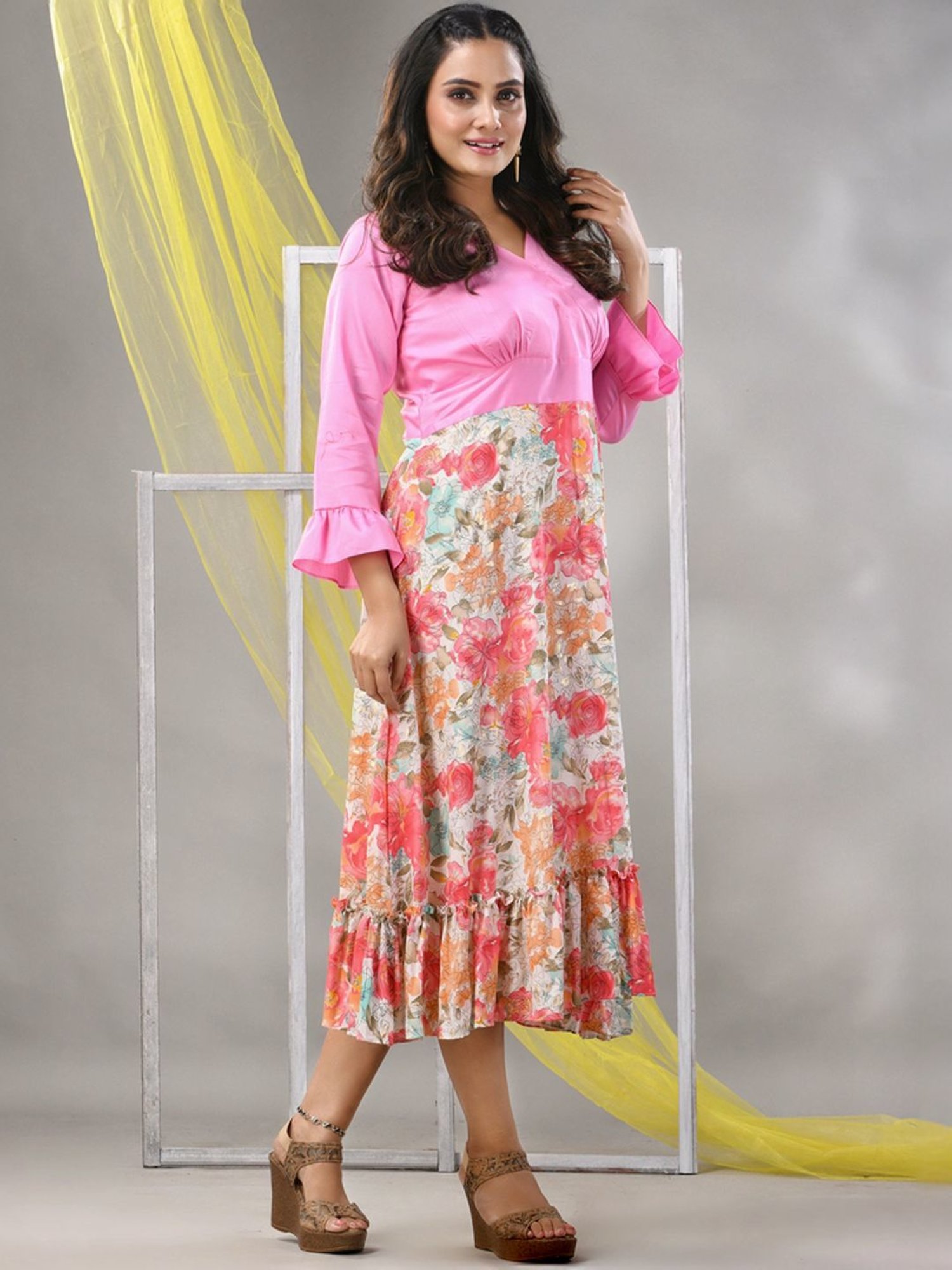 CHARUKRITI Baby Pink Floral Print A-Line Dress