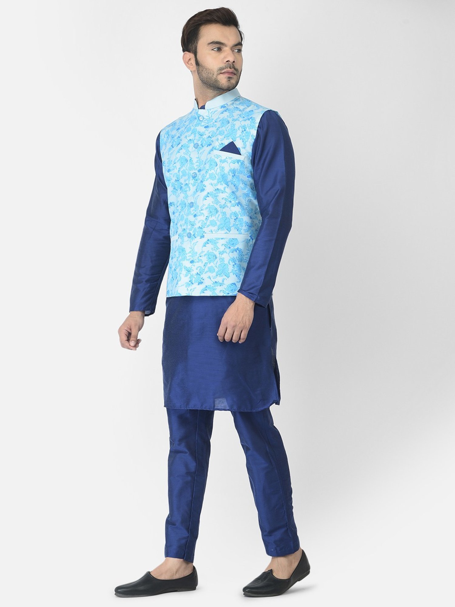 Deyann Navy & Blue Cotton Regular Fit Printed Kurta Set With Jacket