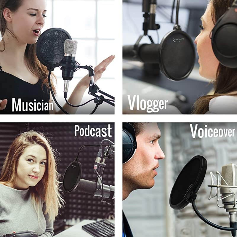 Microphone Pop Filter MPF1 EasyOn 6inch Shield for Powerful Vocals Blocks Thud Pop BP Plosives S Hiss for Clear as a Bell Sound Double Optimized Mesh Filter Windscreen Cover Mask