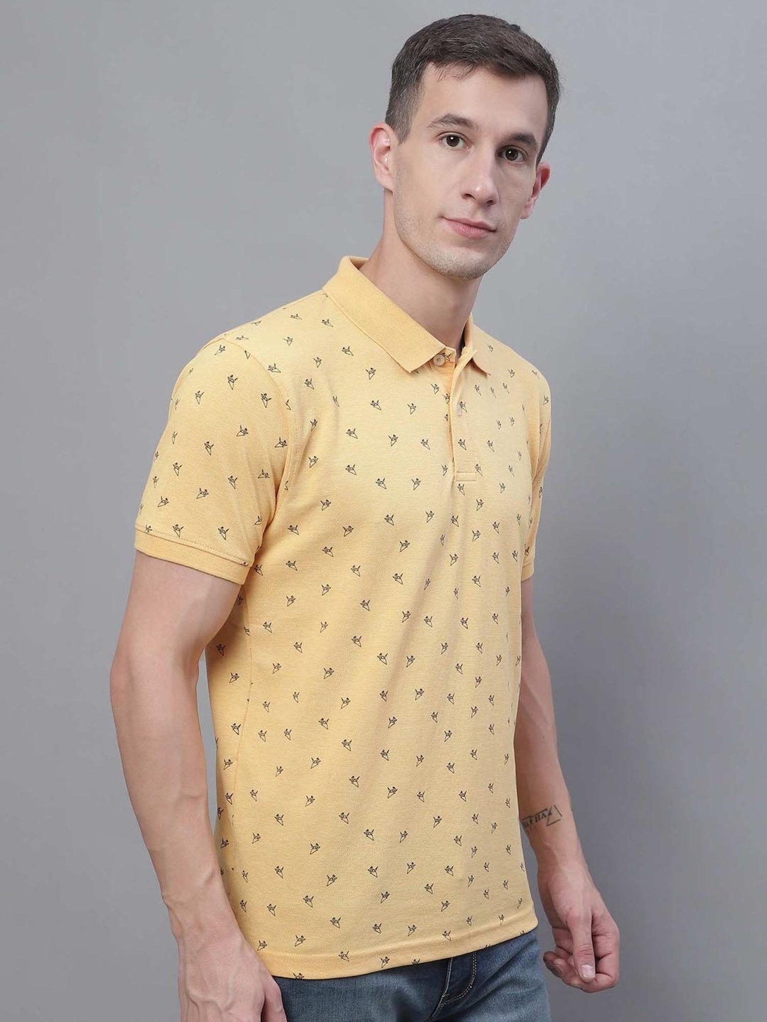 Cantabil Yellow Regular Fit Printed Polo T-Shirt