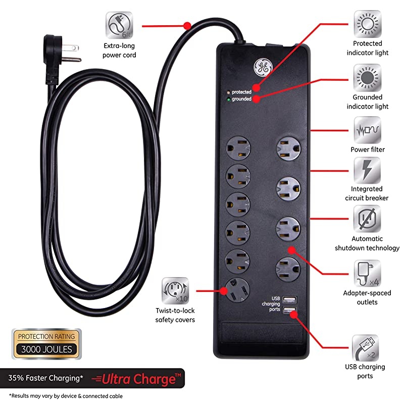 UltraPro Sur Protector 10 Outlet Power Strip 2 USB Charging Ports Extra Long 6ft Extension Cord 3 Prong Grounded Flat Plug 3000 Joules UL Listed Black 14096