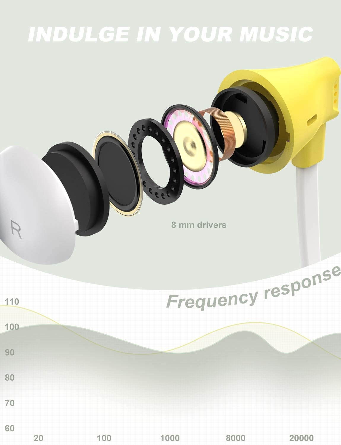 Earbuds Vogek Tangle-Free Flat Cord Ergonomic in-Ear Headphones with Dynamic Crystal Clear Sound Earphones with S/M/L Eartips Compatible with Samsung Android Phone and More-Yellow