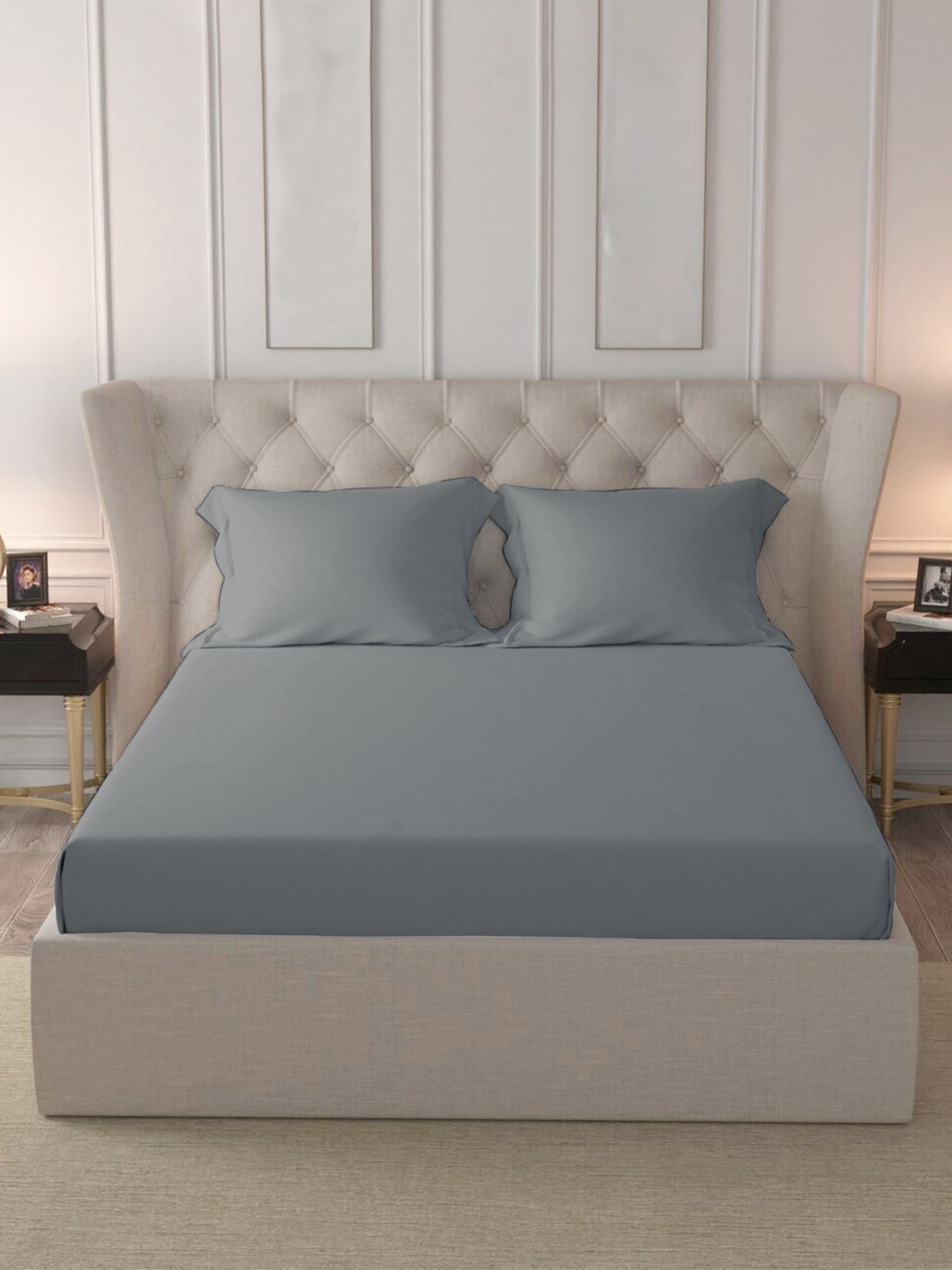 Pizuna Natural Grey 400 TC Cotton King Bed Sheet with 2 Pillow Covers