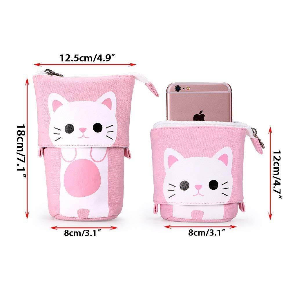 Telescopic Pencil Pouch Standing Pen Holder Cute Pencil Bags Stand Up Pen Case Cartoon Pencil/Pens Storage Box Canvas+PU Stationery Organizer Makeup Bag with Zipper Closure (Pink)