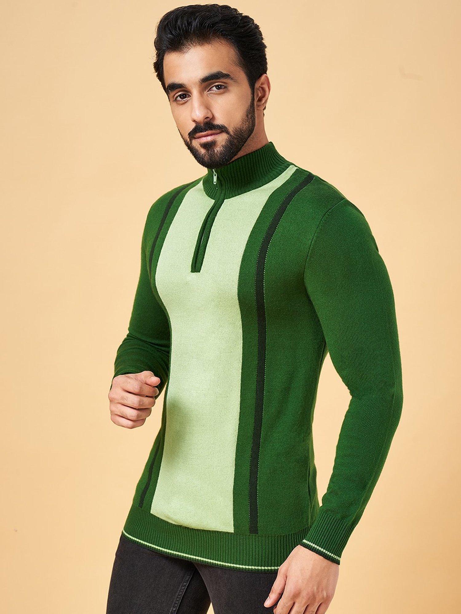 YU by Pantaloons Green Regular Fit Striped Sweater