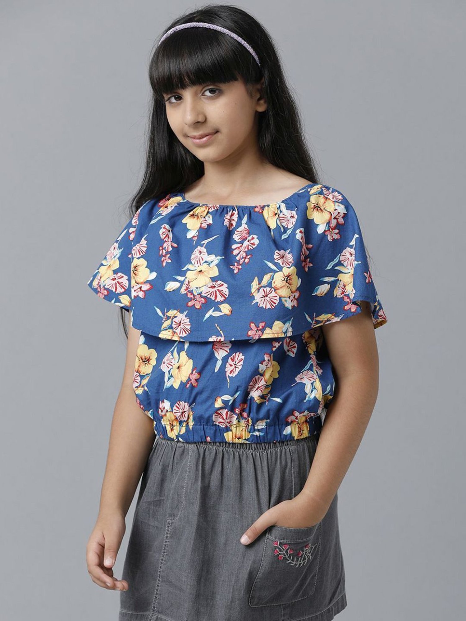 Under Fourteen Only Kids Blue & Yellow Cotton Floral Print Top