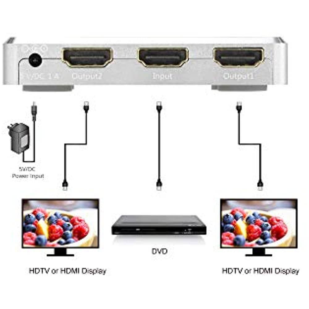 XtremPro HDMI Splitter Slim 1x2 Ports, 1 in 2 out Aluminium Splitter w/ AC Adapter, Supports HDTV, 4K2K 1080P, Full 3D for PS, Xbox, Nintendo, Projector - Silver (62102KA)