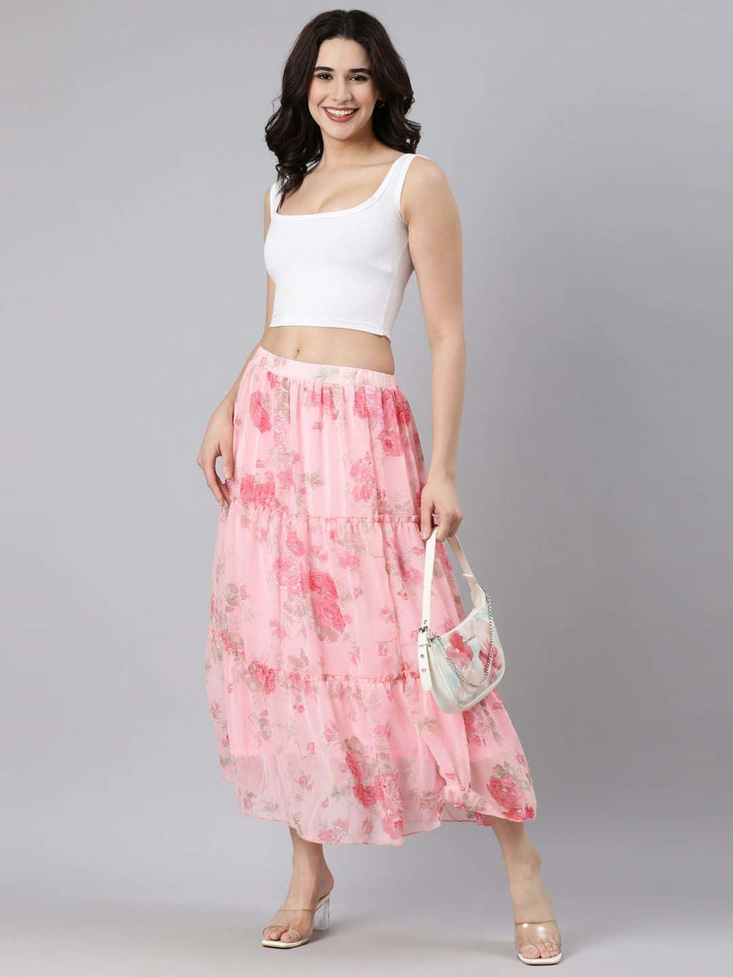 TWIN BIRDS Pink Floral Print A-Line Skirt