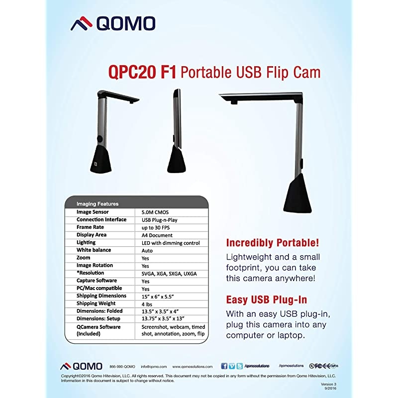QPC20 Portable 8.0 MP Document Camera Scanner, USB, Foldable, Lightweight, Affordable