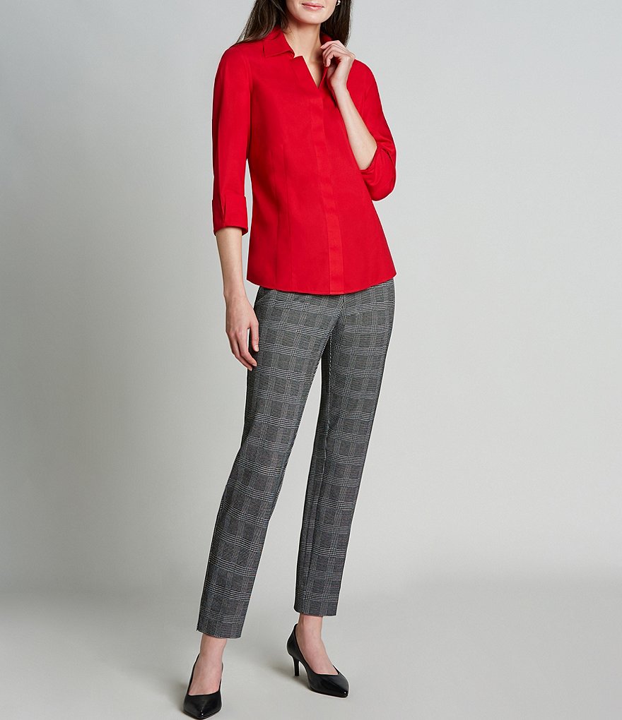 Investments Petite Size Taylor Gold Label Non-Iron Y-Neck 3/4 Sleeve Button Front Shirt